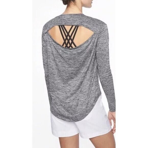Athleta Breezy Womens Tee S Heather Gray Striped Crew Neck Long Sleeve Cut Out - Picture 2 of 10